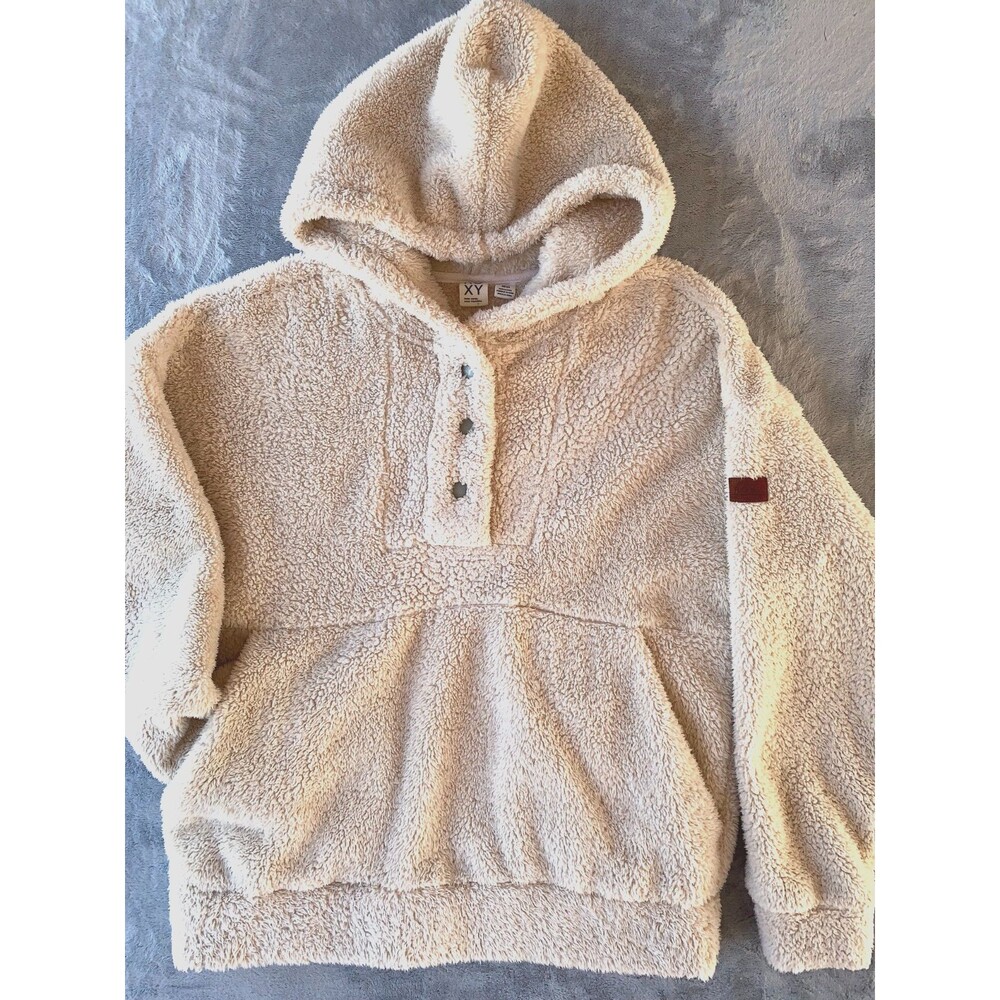 ROXY Women’s Surf Spray Sherpa Hoodie Fleece Pullover Beige Cream Snap Neck S